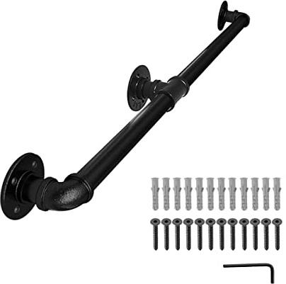 FSHIHINE 150cm Handrails for Stairs, Wall Mounted Banister Handrail for Indoor & Outdoor Steps, Heavy Duty Staircase Support Rail, Industrial Black Wrought Iron Pipe with Mounting Fittings