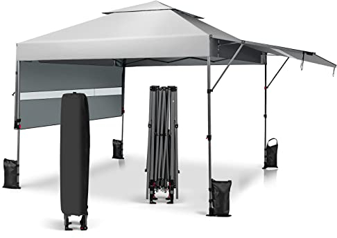 COSTWAY 3x3m Pop Up Pavillon mit Zwei Markisen, Faltpavillon mit Rolltasche, 4 Sandsäcke, UV-Schutz 50+, Gartenzelt faltbar, Partyzelt wasserdicht stabil Winterfest, Gartenpavillon für Garten (Weiß)