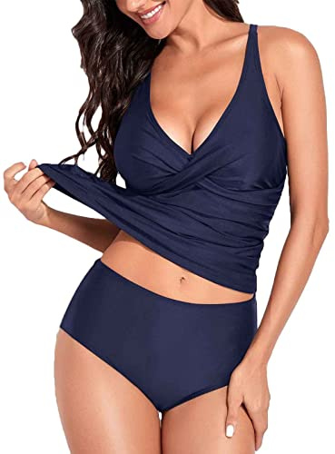 Yutdeng Tankini Donna Mare in 2 Pezzi Curvy Costume da Bagno Donna con Slip Scollo a V Push Up Bikini Top con Vita Medio-Alta Boyshort Beachwear Removable Reggiseno Imbottitoda Swimsuit,Navy Blu,M