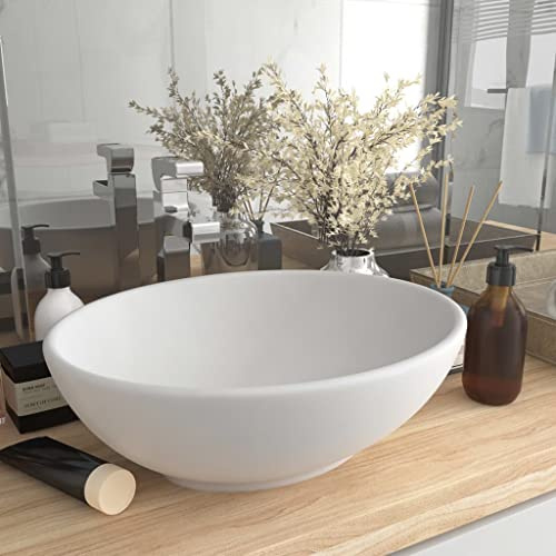 WIFESE Lavabo Ovale Bianco Opaco in Ceramica 40x33x13,5 cm per Bagno e Cucina, Installazione su Piano di Appoggio