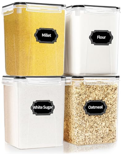 HKJ Chef 4 Pack Large Airtight Food Storage Containers with Lids (5.2L / 176oz), BPA Free Plastic Kitchen and Pantry Organization Contianers for Cereal Flour and Sugar Storage, Labels & Marker