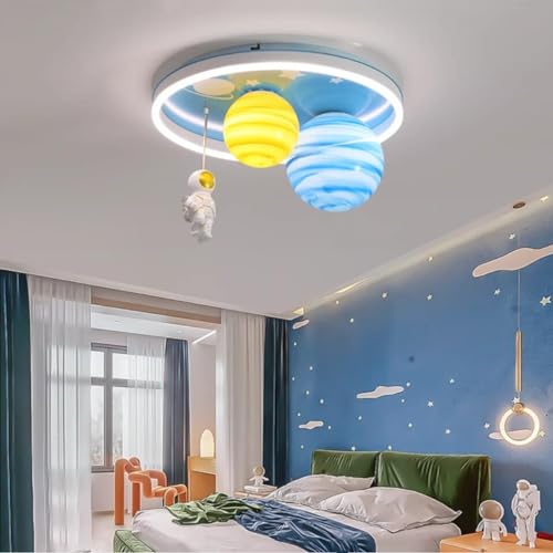 WJLL LED-Deckenleuchte Kinderzimmer Astronaut Planet Lampe 64W Dreifarbige Deckenlampe E27*2 Pendelleuchten Glaskugel Sternenhimmel Licht Jungen Mädchen Schlafzimmer Beleuchtung Decke Leuchte Ø50cm