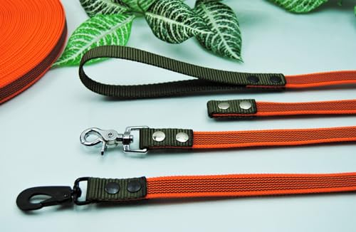 Duo Leine gummiert + Nylon 15m orange + Oliv Trainingsleine Schleppleine Fährtenleine (Karabiner: Schwedenhaken (Schwarz), Ohne Schlaufe)