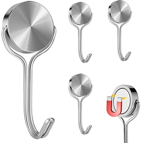 Buelkmag Magnethaken, robuste 304-Edelstahl-Magnethaken für Kreuzfahrt-Kühlschrankgrill, starker Magnet mit Haken für Heimküche, Garagen-Werkzeugkasten, 4 Stück (Silber, 3,2 cm – 1 18 kg)