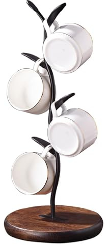 SANON Coffee Mug Tree Cup Stand, Metal Free Standing Coffee Cup Holder Stand, Coffee Mugs Tea Cups Drying Storage Stand, with 4 Hooks Mug Stands, Removable Anti Slip Wood Bas (Copper)