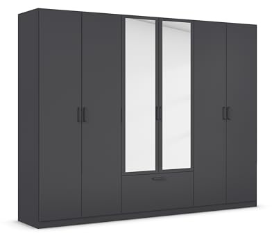 Rauch Möbel BARI, Kleiderschrank, Farbe Grau metallic, Breite 271 cm | Schrank, 6-türig, Spiegel, 1 Schublade, für Schlafzimmer, Kinderzimmer, Babyzimmer, Homeoffice, Garderobe, Flur