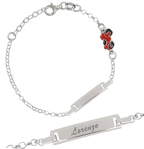 Sakrami Bracelet bébé en argent 925 + Plaque de personnalisation + Moto en émail + Bracelet collection enfants + Cadeau de naissance, baptême, communion + Boîte cadeau (ROUGE)