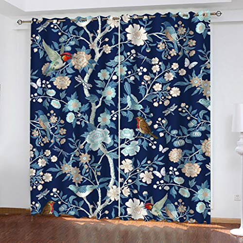 3D Oiseau Plante Bleue Motif Rideau Occultant Thermiques, Lot De 2 Rideaux À Oeillets Décoration De Fenêtre pour Chambre Et Salon, Draperies Isolant Thermique (Chaud/Froid) Et Phonique 200X166Cm