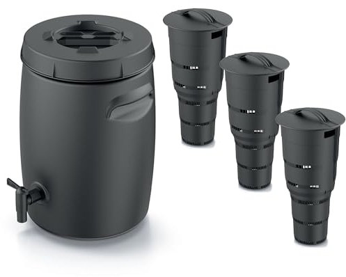 Set di secchio per compost, contenitore per la produzione di fertilizzanti con rubinetto, 25 l, nero, antracite e 3 composter, giardino sotterraneo, 11 l, plastica, altezza 53 cm, secchio modulare per