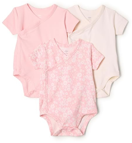 Amazon Essentials x Sofia Grainge Unisex Babies' Side Snap Short Sleeve Bodysuit, Pack of 3, Delicate Floral/Ivory/Pink, 0 Months