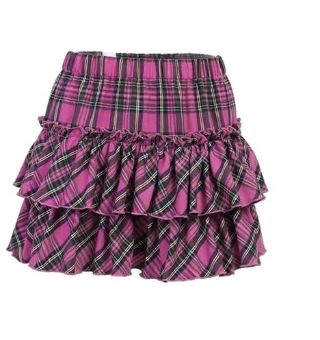 OZLCUA Plisserad kjol rosa rutig kjol kvinnor vintage streetwear hög midja dragkedja kjol hög midja kjol, Röd, M