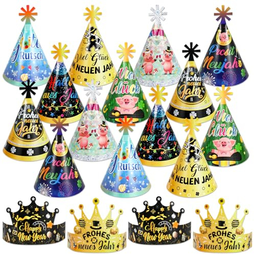 DPKOW 18Stk Glücksbringer Silvester Partyhüte Haarreif Papier Kronen Kegel Hüte Kopfschmuck für Neujahr Accessoires 2026 Silvester Zubehör Gadget