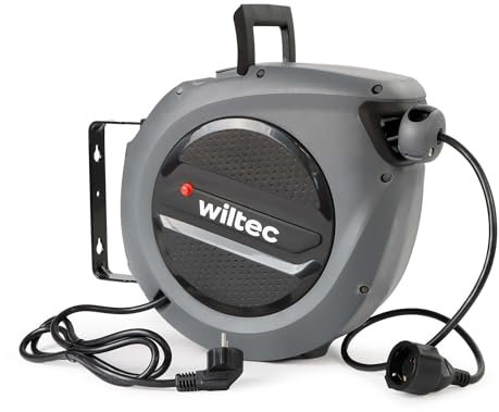 Wiltec Avvolgicavo elettrico automatico 20 m + 2 m, avvolgitore cavo automatico 1500-3200 W, prolunga elettrica avvolgibile con staffa a 180°