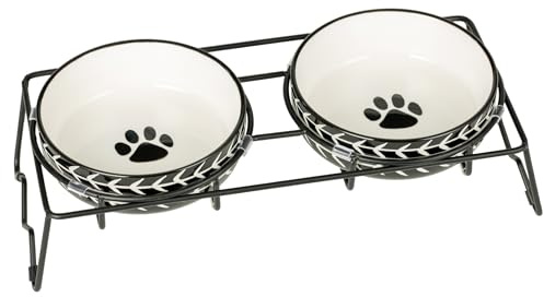Signature Housewares keramisk husdjursskål set – matvattenskålar för katter, små hundar och valpar med robust metallstativ – set med 2 12,7 cm. Skålar, 12 oz vardera