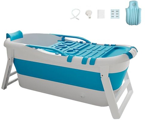 Faltbare Badewanne Erwachsene, Mobile Freistehende Badewanne mit 2 Abflüssen, Ergonomisches Tauchbad für Ultimative Entspannung, Ideal für Kleine Räume(Blue+White,146 * 60 * 52cm)