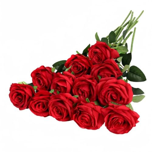 Waibejon 12 Pcs Artificial Roses, Red Fake Roses Artificial Flowers, with Stems Fake Artificial Red Roses Silk Flowers, for Home Garden Party Hotel Office Decor