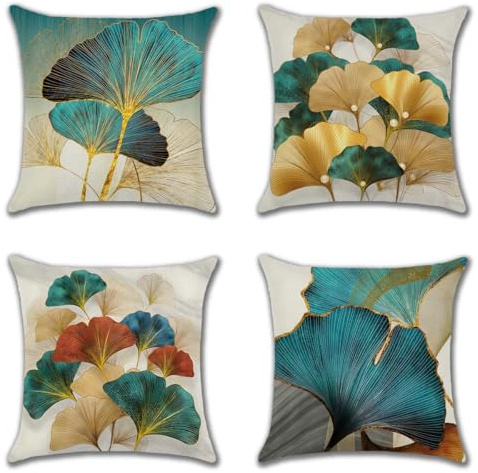 JOTOM 4er Set Outdoor Kissenbezüge, Dekorative wasserdichte Wurf Kissenbezug Moderne Kissenhüllen Sofakissen Dekokissen Zierkissenbezug für Wohnzimmer Garten Deko (45x45cm, Ginkgo Blätter)