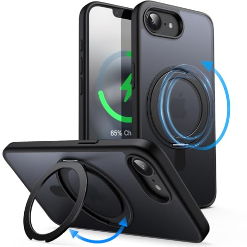JETech 360° Rotatable Ring Stand Case for iPhone 17e/16e, Black | Compatible with MagSafe, Translucent Matte Back, Stand & Ring Holder, Shockproof Protection