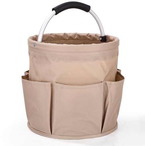 Zhufas Cestino porta Attrezzi con 6 Tasche Esterne,Contenitore Organizer per La Pulizia Professionali,Borsa per la casa, Shopping, i Picnic, Borsa per Attrezzi da Giardino 17L (Cachi)