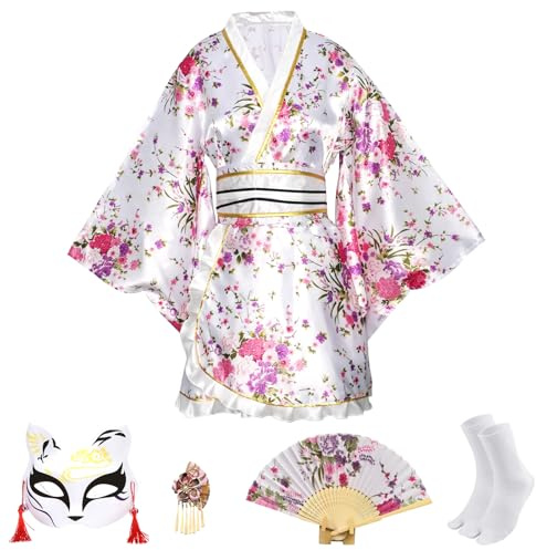 CRFASIBE 5 Pezzi Donna Kimono Corto, Tradizionali Giapponesi Yukata Stile con Stampa Floreale, Costume Set Completo con Accessori per Carnevale, Cosplay (Bianco)