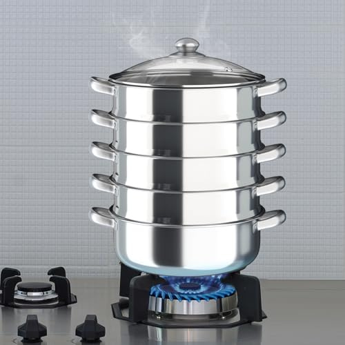 Stainless Steel Food Steamer Pan Set, 5 Tier Steamer Cooker Pot with Vented Glass Lid & Durable Handles, 4 Steaming Grids & 1 Cooking Pot, Silver, 30cm/11.81in