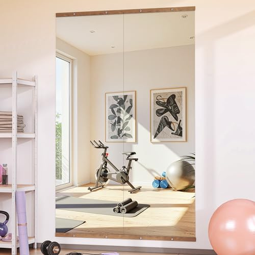 Hasipu 2Pcs 55''x17'' Home Gym Mirror Large Full Length Wall Mounted Full Body Mirror for Yoga Dance Fitness Exercise Studio Bedroom Garage, Frameless Tempered Glass Workout Mirrors Walnut Rectangular