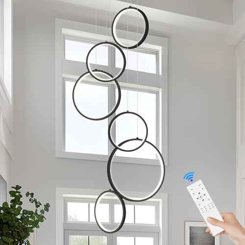 Moderna Anello Lampada A Sospensione LED Dimmerabile Geometria Scale Lampadario Da Soggiorno Nero Luci Pendenti Sala Da Pranzo Alberghi Ingresso Lampada Regolabile In Altezza Plafoniera（6-Ring）