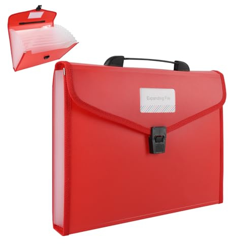 A4 Aktenordner mit Griff, 13 Taschen, tragbare Dokumentenmappe für Papiere, Ziehharmonika-Datei, Fächerbox, Papier-Organizer für Büro, Schule, Zuhause, mit Registerkarten (rot)