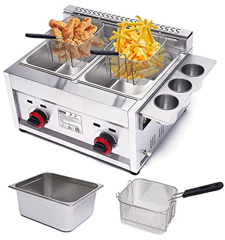 Friteuse à gaz 12 L, friteuse commerciale en acier inoxydable à double cuve, frigaz de comptoir, friteuse au propane, chauffe-plats avec 2 paniers pour frites, restaurant, cuisine à domicile