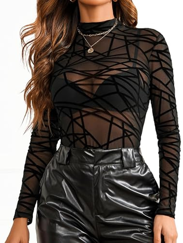 Avidlove Damen Mesh Oberteile Sexy Durchsehen Bluse Langarm Top | Stretch Atmungsaktiv Mesh Stoff, Elegant Halber Rollkragen, Slim Fit Durchsichtige Shirt für Rave Party Festival Clubwear