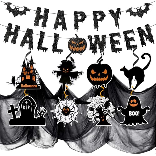 Cadimus Set di Decorazioni di Halloween, Happy Halloween Striscione + Decorazioni di Appendere + Nera Garza Horror, Accessori per Festa