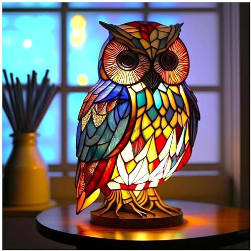 Tierlampe Eule – Retro Buntglas-Harz Tischlampe, 3D handgefertigte Nachttischlampe mit warmem LED-Licht, Wohndekor & Schlafzimmerbeleuchtung, ideal für Tierliebhaber