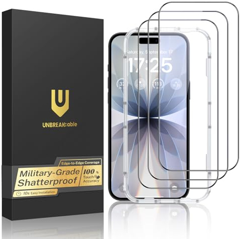UNBREAKcable for iPhone 17 Screen Protector, 3-Pack Full Coverage Tempered Glass Screen [Military Grade Shatterproof] [9H Hardness] [Bubble Free] [Easy Installation] [99.99% HD Clear] for iPhone 17
