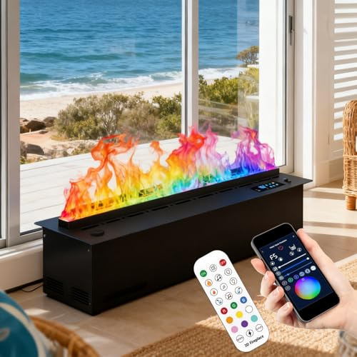 Chimenea De Vapor De Agua 3D, Chimenea Atomizada Con 9 Colores Ajustables Y Niveles De Brillo - Control Remoto/APP - Compatible Con Panel Empotrado - Grosor Del Panel: Solo 3 Mm 100cm/39.3in