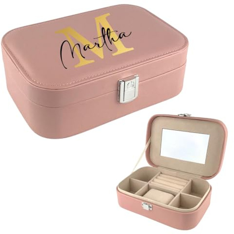 AWASG Schmuckkästchen personalisiert klein, Schmuckbox Reise Damen Mädchen, Schmuckschatulle Buchstabe Name mit Spiegel rosa M (20 x 13,5 x 6,5 cm)