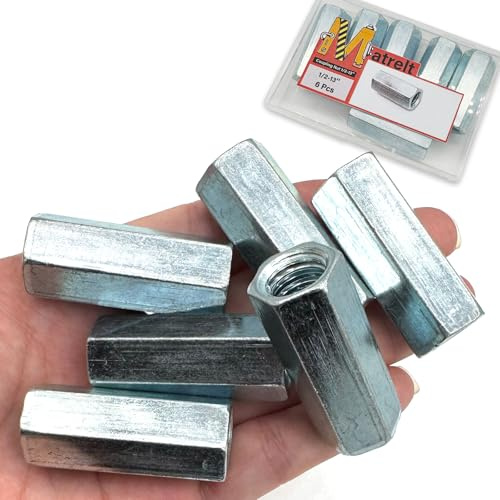 Matrelt 6 Pcs 1/2-13 Hex Coupling Nut, Threaded Rods Coupling Nuts Zinc Plating Extended Hexagon Rod Coupling Nuts, Threaded Connectors for Full All Threaded Rod, Eyebolts,Wedge Anchor,Chain Links
