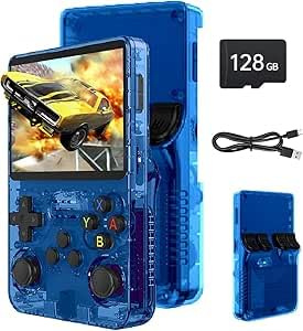 R36S Retro-Handheld-Spielkonsole, 3,5-Zoll-IPS-Bildschirm, 128 GB Speicher, über 40.000 Klassische Spiele, 3500-mAh-Akku, Linux-System, über 30 Emulatoren, Blau