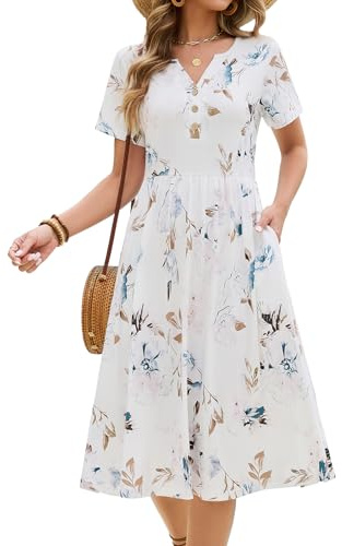 CMTOP Abito Estivo Donna Elegante Scollo a V Vestiti Manica Corta Comodo Casual Abiti Midi Floreale Jacquard Leggeri Vestiti da Spiaggia con Tasche (Fiori Bianchi, XL)
