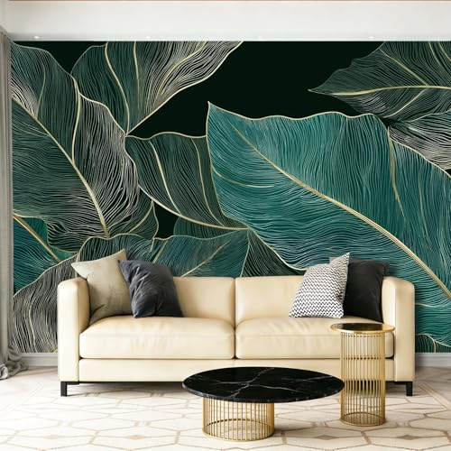 3D Art Photo Papier Peint Panoramique - Plantes Minimaliste Feuilles De Bananier Lignes Poster Geant Mural Décoration pour Chambre Salon Chambre D'enfant, Noir Papier Peint intissé Murale 350 x 256 cm