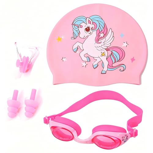 Spiritzohic Unicorn Kids Swimming Cap Set, Unicorn Swim Goggles Swim Caps Silicone Swimming Hat Waterproof Swimm Hat with Goggles, Nose Clip, Ear Plugs Summer Water Supplies for Childrens Cute Animal
