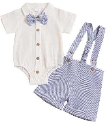 JENJON Neonati Maschio 1 Anno Compleanno Vestiti Set Gentleman Maniche Corte Papillon Top + Salopette a Righe Pantaloncini Estivo Abbigliamento Strisce blu scuro 12-18 Mesi