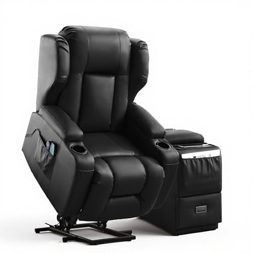 SAMERY Fernsehsessel mit Aufstehhilfe, Relaxsessel mit Liegefunktion, Fernsehsessel Elektrisch Verstellbar TV-Sessel mit Massage Heizung, USB-A, USB-C, Getränkehalter (Schwarz, 1 Sessel mit Konsole)