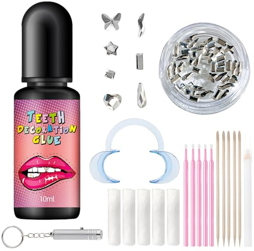 AOUZOVLI Set di 69 gioielli dentali con 1 colla per denti, 50 gioielli e 18 strumenti, ideale per feste in costume, feste in maschera e cosplay