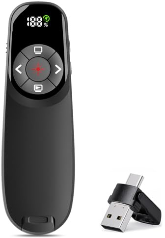 VOVIGGOL USB/Tipo-C 2 en 1 Pasador Diapositivas Mando Ordenador Powerpoint con Temporizador, 2,4GHz Presentador Inalambrico Puntero Presentaciones para Mac iPad Computadora Portátil