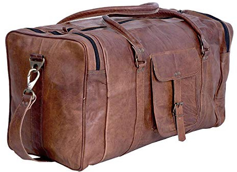 Leather Duffle Bags Large 21 Inch Square Duffel Travel Gym Sports Overnight Weekender Leather Bag for Men and Women by KPL