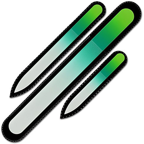 Mont Bleu Set di 3 lima per unghie in vetro colorato in sacchetto di velluto nero, grande dimensioni, vero cristallo di Boemia temperato, Garanzia a vita | Fatto a mano in Repubblica Ceca