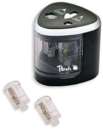Peach Elektrischer universal Anspitzer - Inkl. Ersatzteile - für alle Bleistifte, Buntstifte, Eyeliner und Wachsmalstifte - Schwarz - Doppelspitzer für Stifte von 6-8 mm und 9-12 mm - PO102