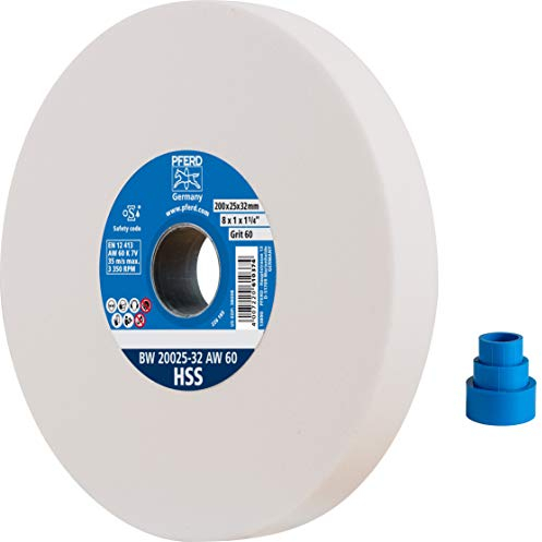PFERD Schleifbockscheibe HSS, 200x25x32mm, A60, 39008442 – Mittelharte Schleifscheibe zum Schärfen von HSS-Bohrern, mit Reduzierhülsen (25/20/16mm)
