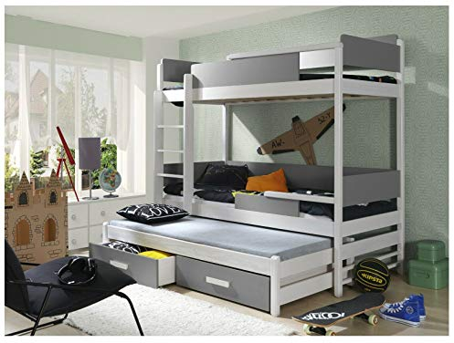 NAKA Sambor Kinder Hochbett Etagenbett mit 3 Liegeflächen und Matratzen Kinderzimmermöbel Bett für Mädchen Junge Kinderbett mit Rausfallschutz Möbel fürs Kinderzimmer 190 cm x 80 cm Weiß-Grau