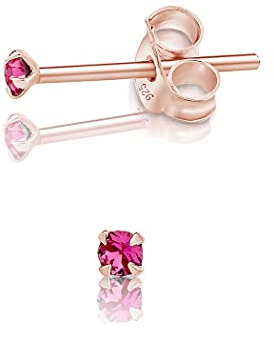 Pendientes de Botón Plata Ley 925 Chapados Oro Rosa 18K on Cristales Brillantes 2 mm - Pendientes Dorados para Mujer - Punto de Luz Rosa Hipoalergénicos